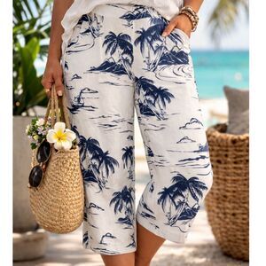 Chico's Linen Blend Palm Tree Capri Pants Size 14/16 XL Tropical Coastal Grandma